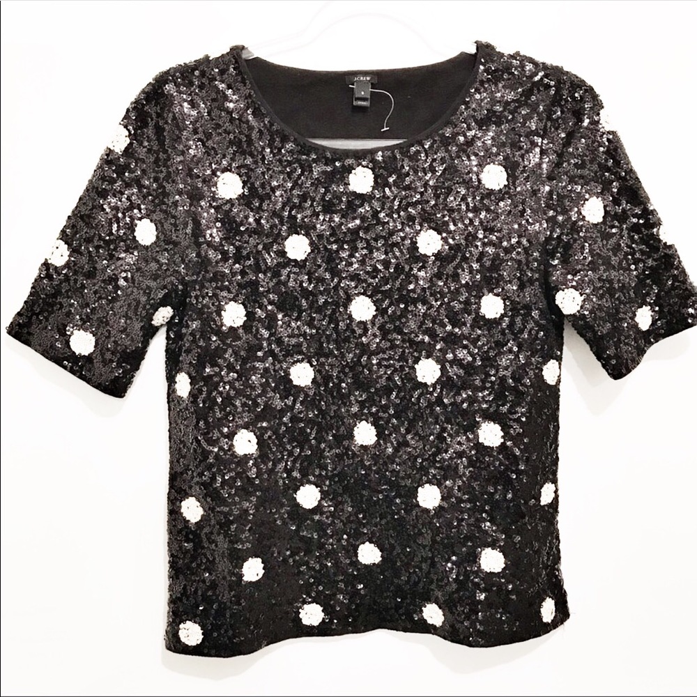 J Crew Black & White Sequined Polka Dot T-Shirt